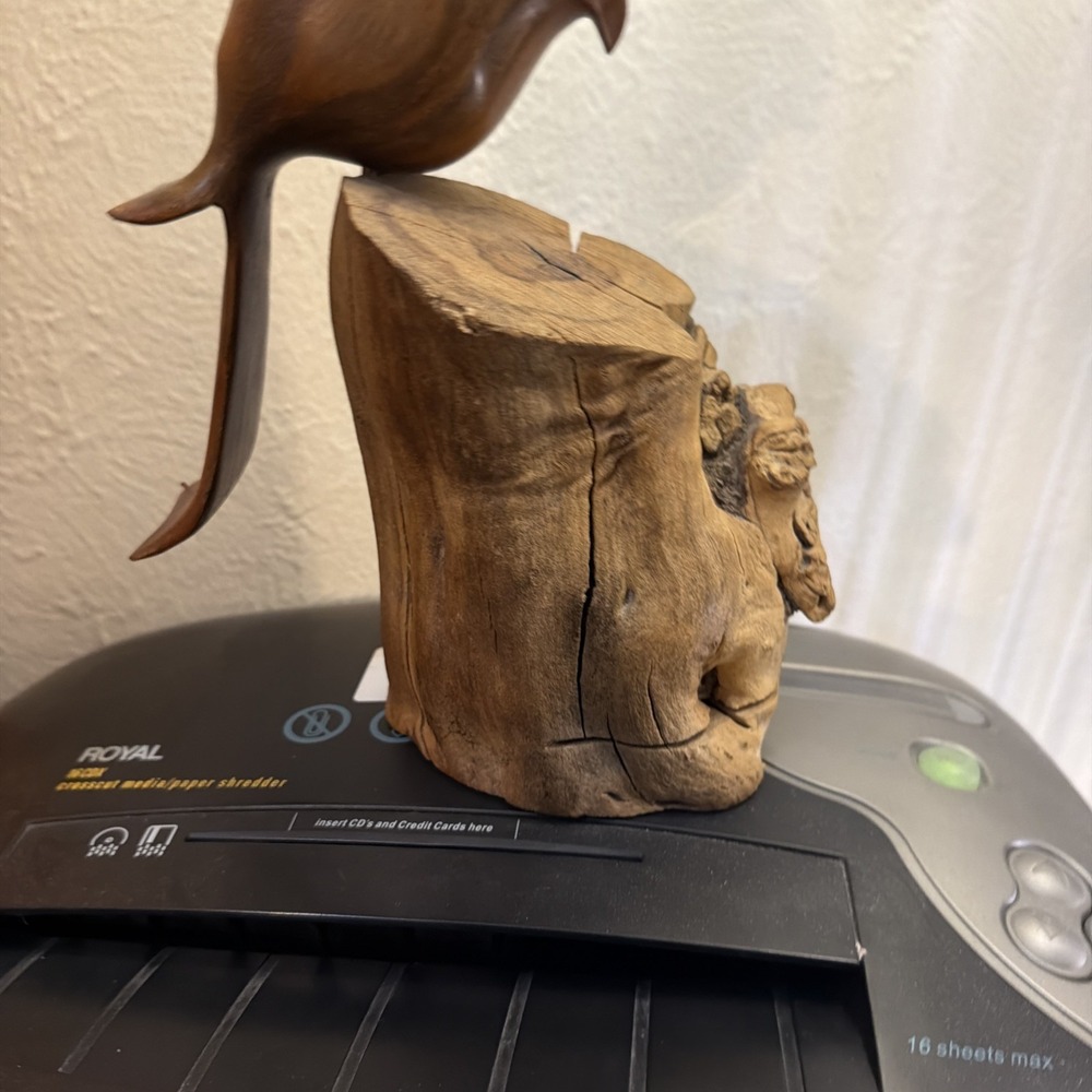 Vintage 1970s Organic Modernist Wood Bird Carving on Driftwood Root Signed